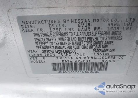 2015 Nissan Versa S/S Plus/Sv/Sl from USA, damaged, VIN 3N1CN7APXFL802606